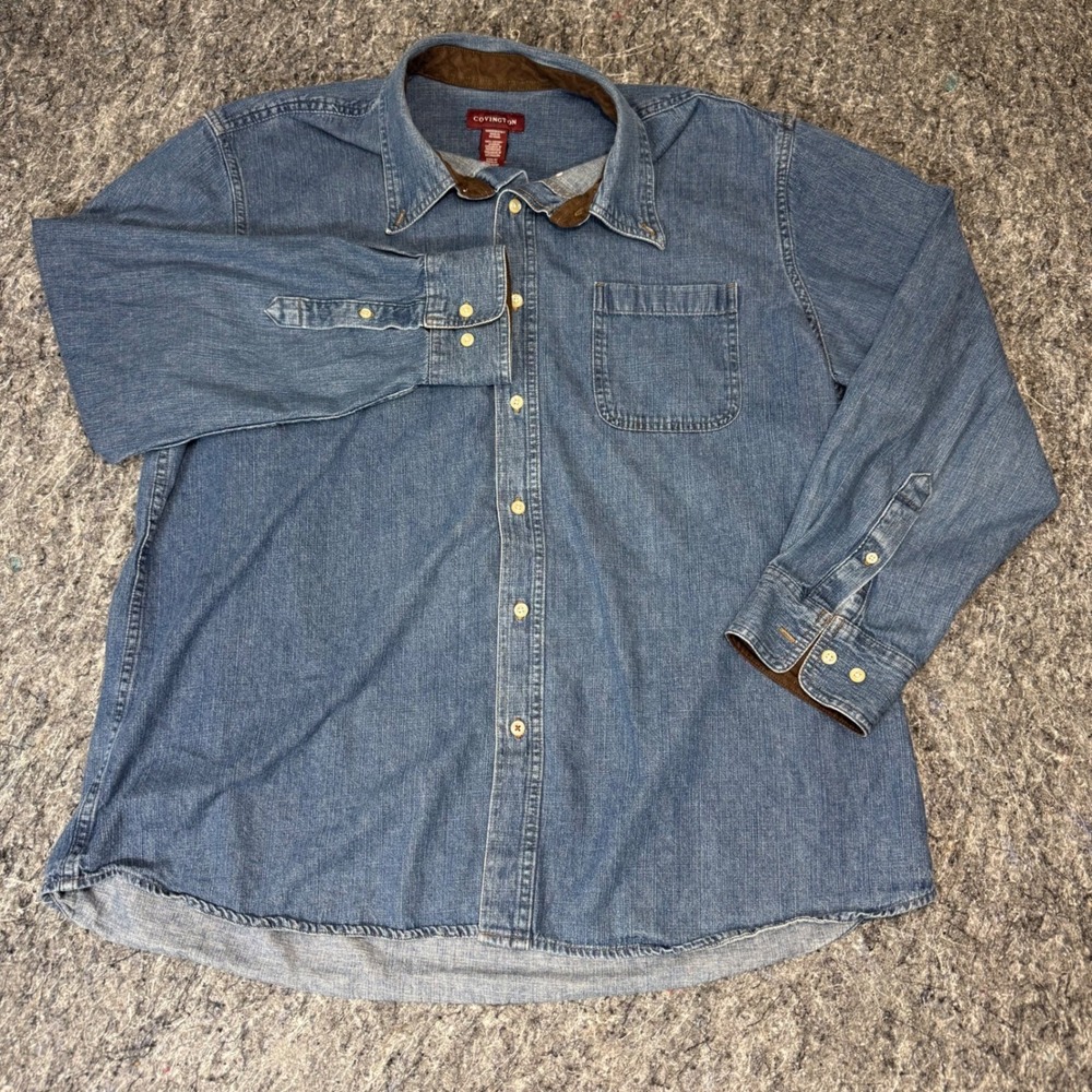 Covington Mens XXL Denim Button Down Shirt Blue Cotton Corduroy Trim Long Sleeve